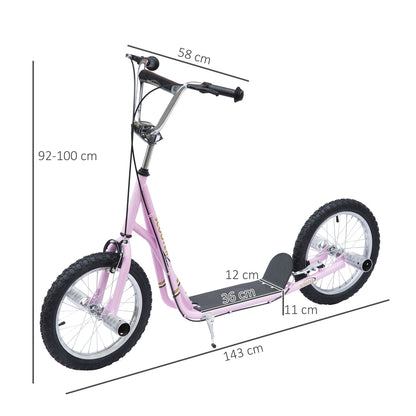 HOMCOM Kinderroller mit Luftreifen Kickscooter Scooter Tretroller Cityroller für Kinder Kickboard 16 Zoll ab 5 Jahre Höhenverstellbar Rosa 143 x 58 x 92-100 cm