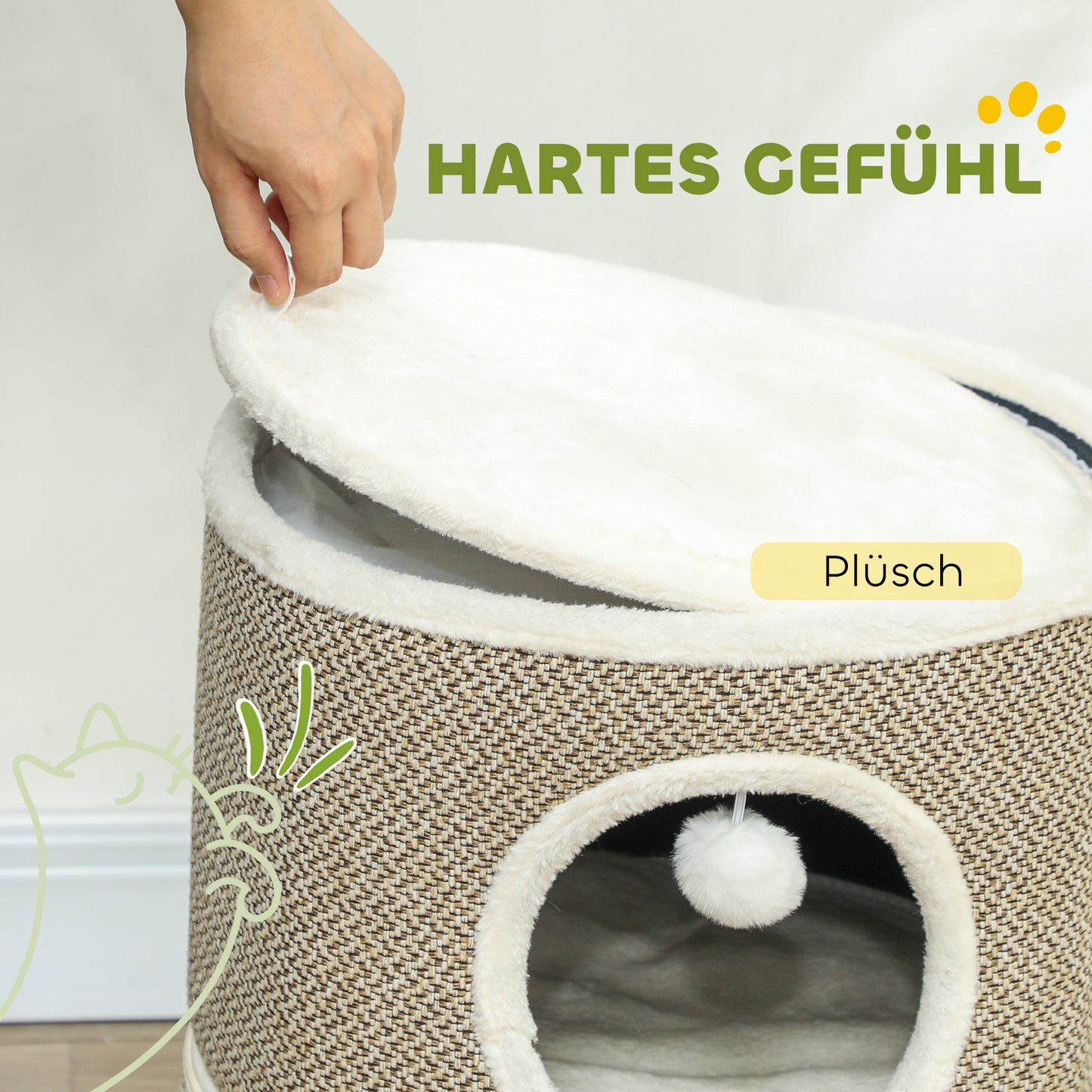 PawHut Katzenhöhle, 3 Etagen, Katzenhaus, Plüsch, Kissen, Sisal-Kratzbrett, Φ40 x 56H cm, Kaffee/Cremeweiß