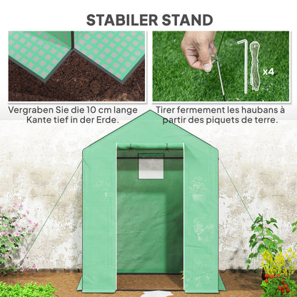 Outsunny Gewächshaus mit Regalen, Mini-Treibhaus, UV-beständig, Netzfenster, Reißverschlusstür, 143L x 74B x 190H cm, Grün