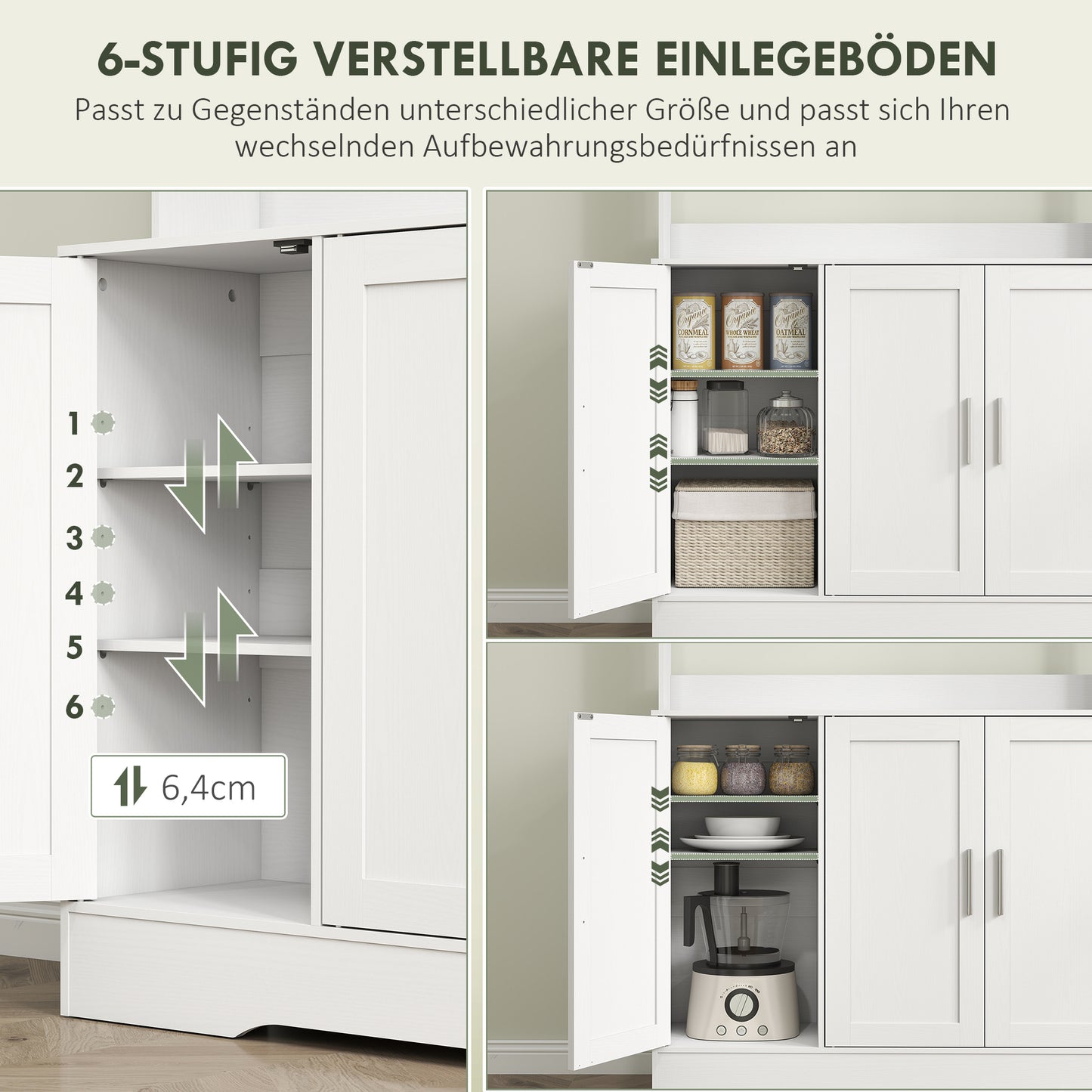 HOMCOM Küchenschrank, Skandinavisches Design, 4 Schränke, verstellbare Regale, Glastüren, offene Fläche, Spanplatte, MDF, Weiß