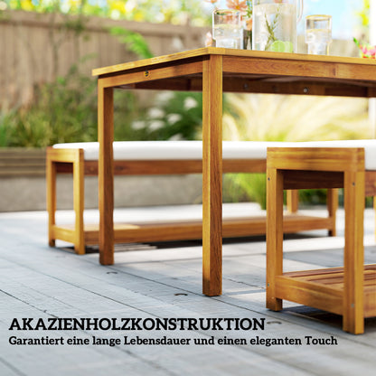 Outsunny 3 tlg. Gartenmöbel-Set, Sitzgarnitur inkl. 1 Esstisch mit Schirmloch, 2 Bänke 150 x 85 x 75 cm Teak