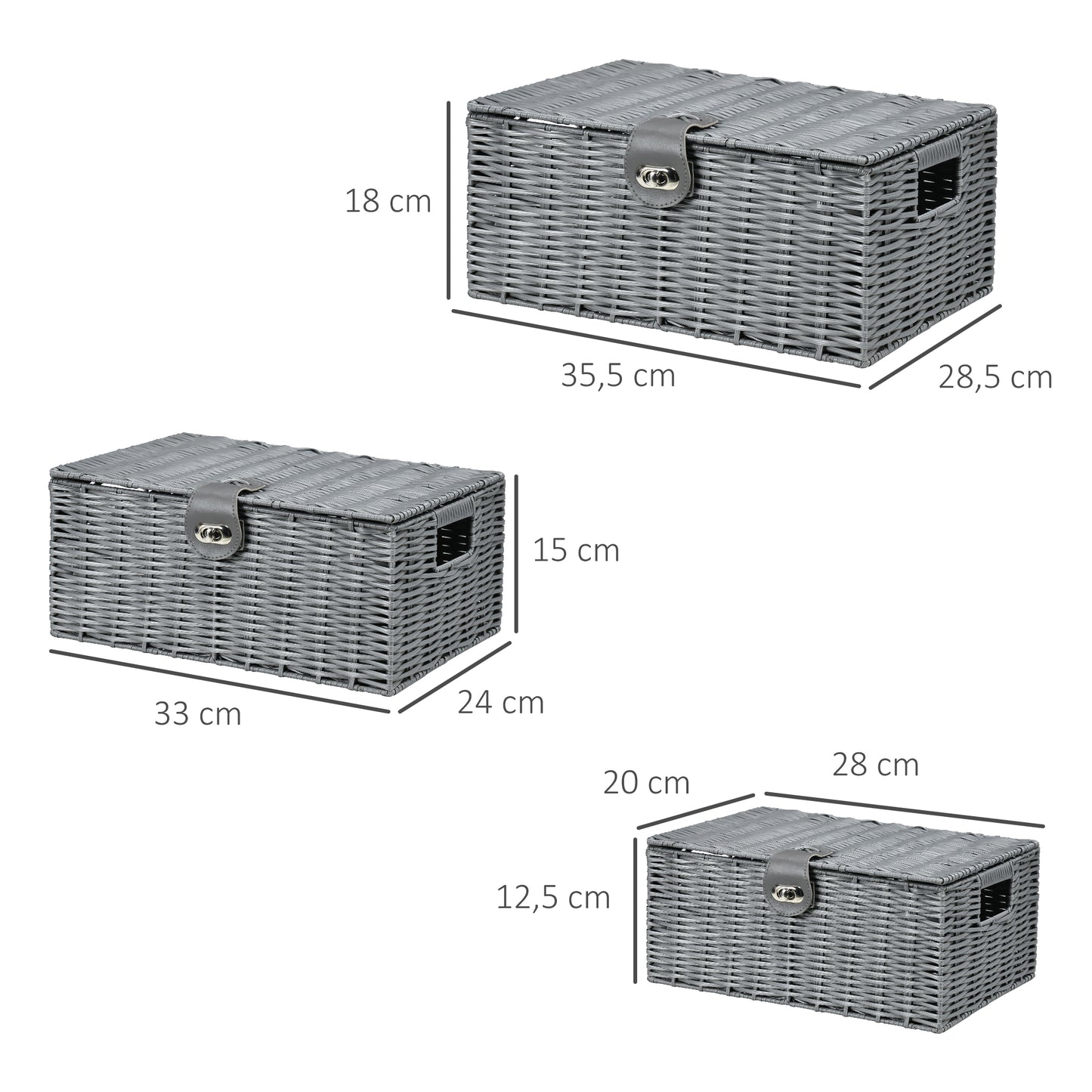HOMCOM 3er-Set Aufbewahrungskörbe aus PE- Rattan, mit Verschluss, Tragegriffen, 35,5 cm x 28,5 cm x 18 cm, Grau