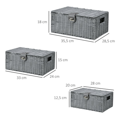 HOMCOM 3er-Set Aufbewahrungskörbe aus PE- Rattan, mit Verschluss, Tragegriffen, 35,5 cm x 28,5 cm x 18 cm, Grau