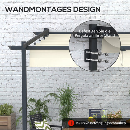 Outsunny Gartenpavillon 3 x 3m, einziehbares Dach, Wandmontage, Metallrahmen, Cremeweiß