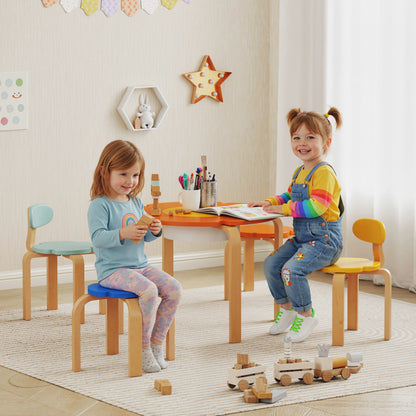 AIYAPLAY 5-teiliges Kindertisch- und Stuhl-Set, mit Aufbewahrungstasche, Blumenform, für Spielzimmer, Kinderzimmer, Holz, Bunt