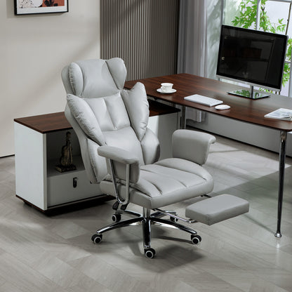 HOMCOM Ergonomischer Bürostuhl, gepolstert, mit Fußstütze, verstellbarer Lehne, 360° drehbar, Hellgrau