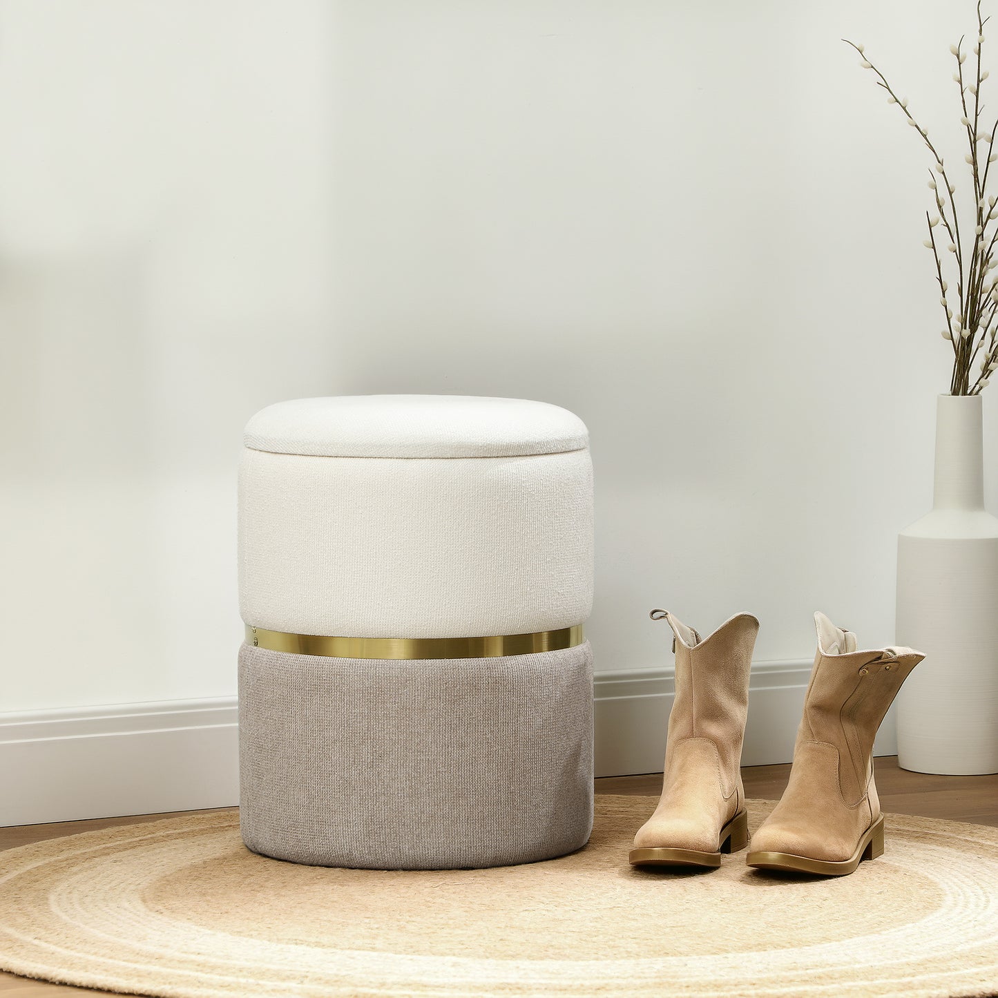 HOMCOM Sitzhocker mit Stauraum Hocker mit Deckel, Metallring, zweifarbig Design 36 x 36 x 44 cm Cremeweiß