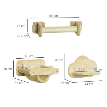 PawHut Katzentreppe, 5-teiliges Set, 2 Kratzstämme, 2 Plattformen mit Plüschbezug, Hängematte, beige
