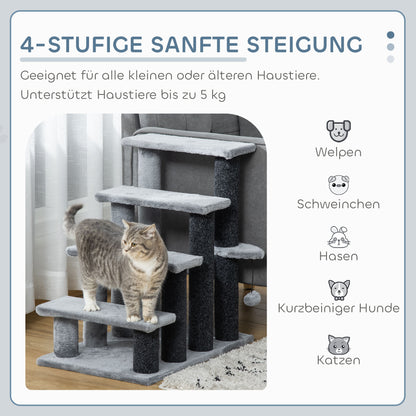 PawHut Katzentreppe 4-stufige Haustiertreppe mit Kratzsäulen Ball Hundetreppe Tiertreppe für Katzen bis 5 kg Plüsch Jute Grau 60 x 40 x 64 cm