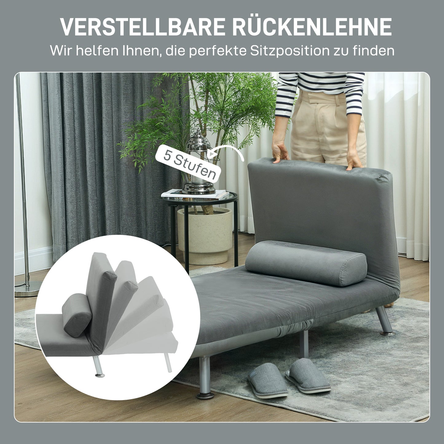 HOMCOM Klappsessel mit Bettfunktion, klappbarer Relaxsessel in Samtoptik, Verstellbare Rückenlehne, 75 x 70 x 75 cm, Grau
