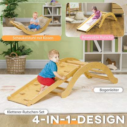 AIYAPLAY Kinder-Kletterset, 4-in-1-Design mit Bogenbrücke, Schaukelwippe, Kissen, Rutschrampe, für den Innenbereich, Holz