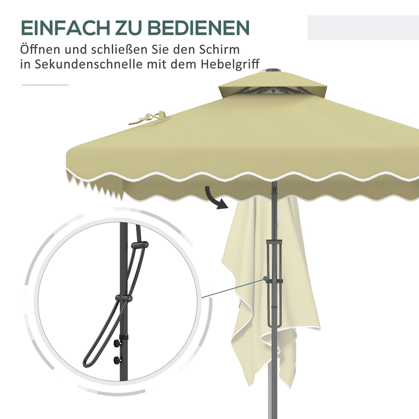 Outsunny Gartenschirm, Ampelschirm, dekorativa Rand, Lüftungsdach, Metallgestell, 2,4x2,4x2,6m, Beige