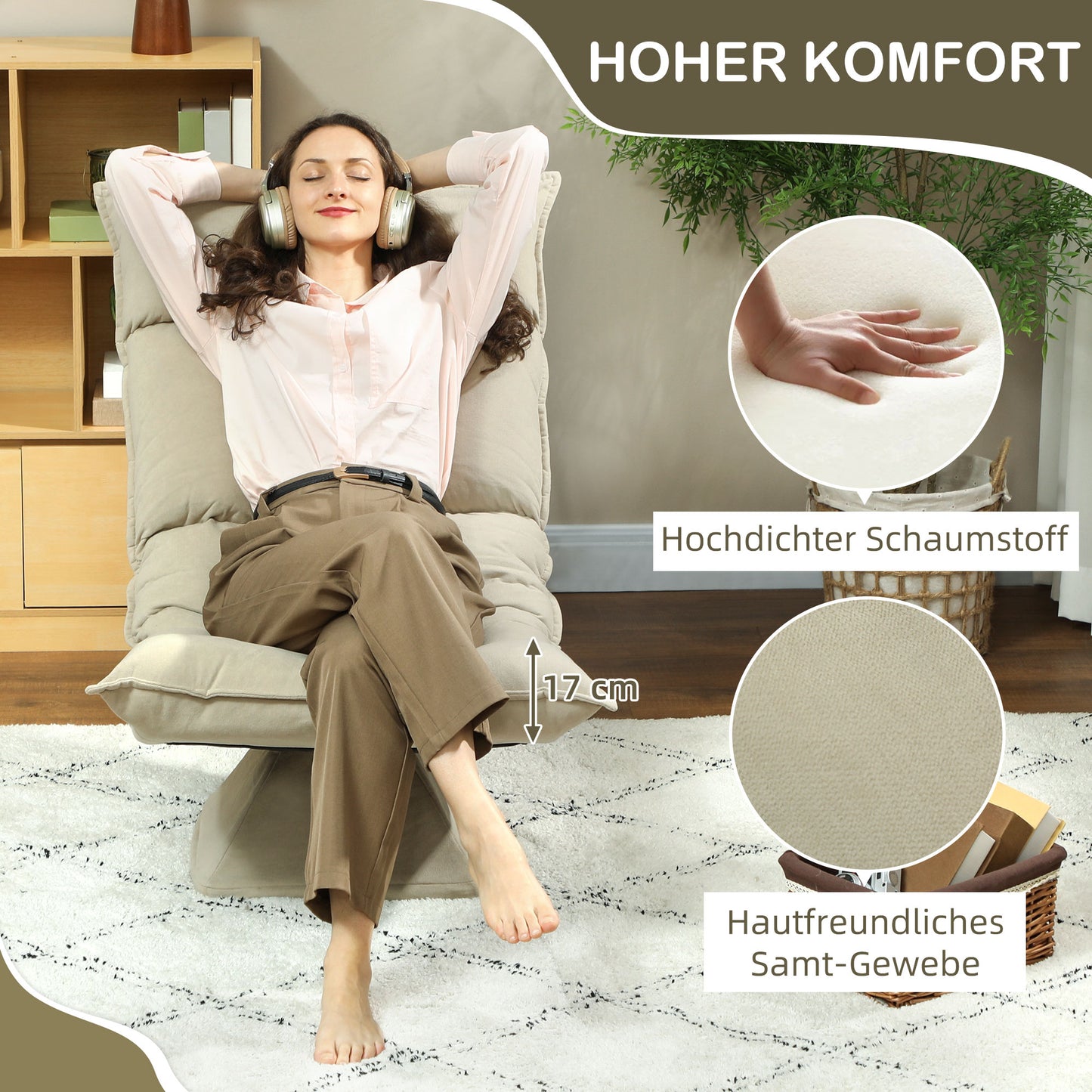 HOMCOM Bodensessel mit 5-fach verstellbarer Rückenlehne, drehbar, moderner Polsterstuhl, Beige