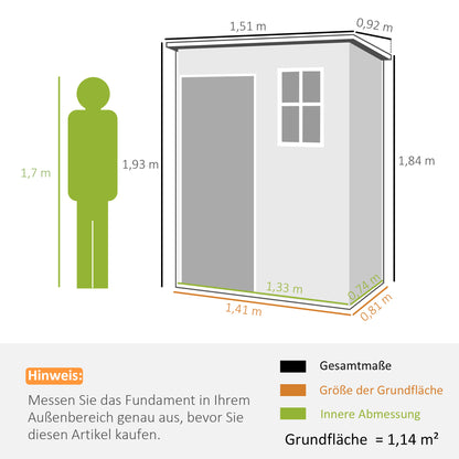 Outsunny Gerätehaus Kunststoff 1,14m² 151 x 92 x 193cm Geräteschuppen mit Pultdach Boden Fenster Grau