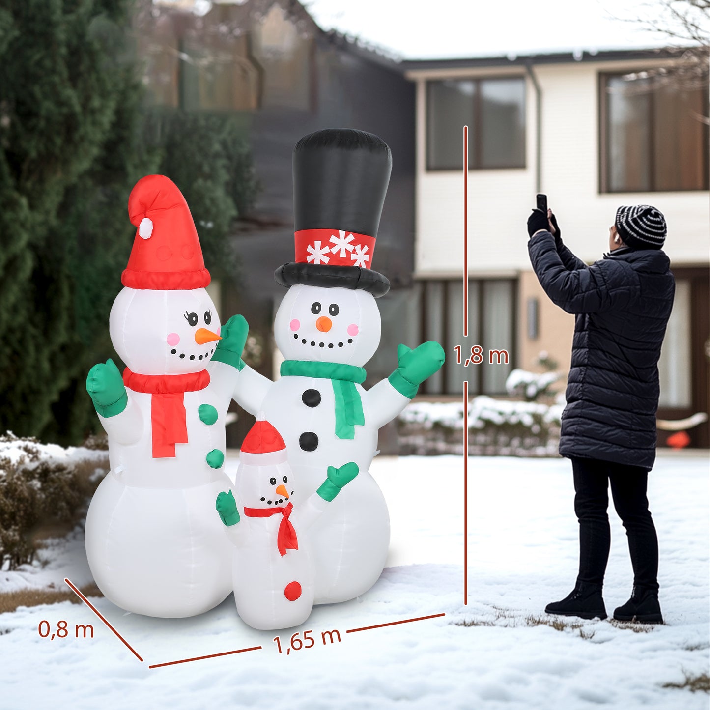 Outsunny Aufblasbar Schneemann Familie, 1,8 m Weihnachtsdeko mit LED-Beleuchtung für Innen- und Außenbereich