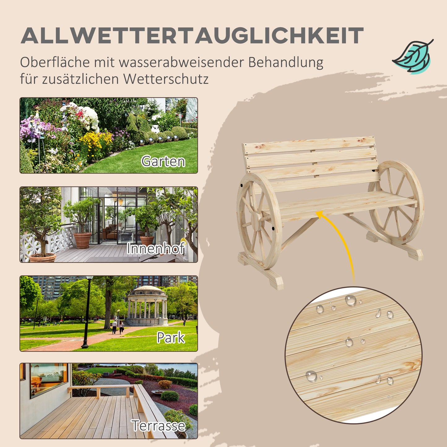 Outsunny Gartenbank, Wagenrad-Design, für 2 Personen, Naturholz, dunkelbraun, 105,5 x 56 x 79 cm, Natur