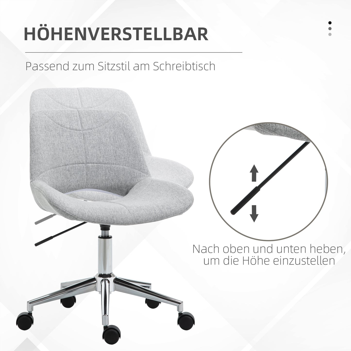 HOMCOM Bürostuhl, höhenverstellbar, um 360° drehbar, bis 110 kg, Metallrahmen, hellgrau, 49 x 56,5 x 73-82,5 cm
