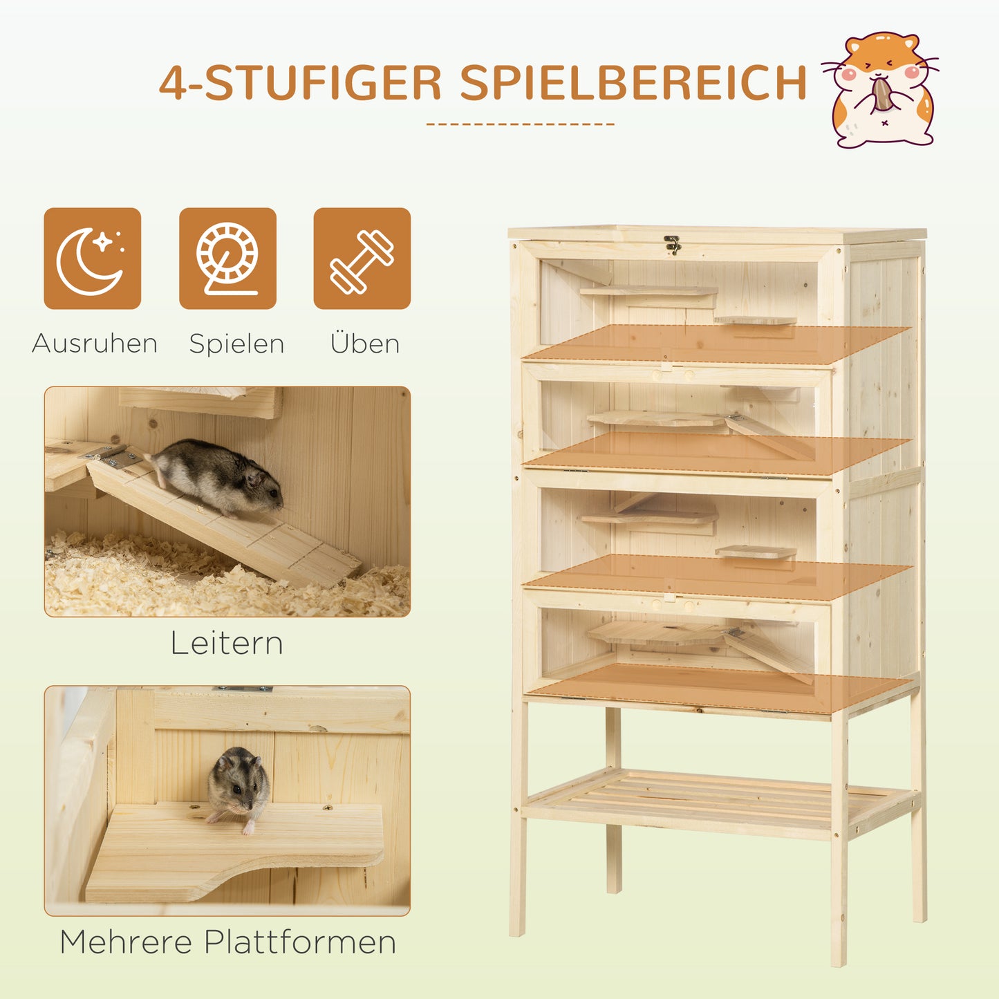 PawHut Hamsterkäfig aus Holz 5 Etagen Nagarium Nagerkäfig Kleintierkäfig mit Gitterdach Rampen, Holzkäfig Mäusekäfig groß Käfig für Hamster Zwerghamster 60 x 40 x 120 cm Naturholz