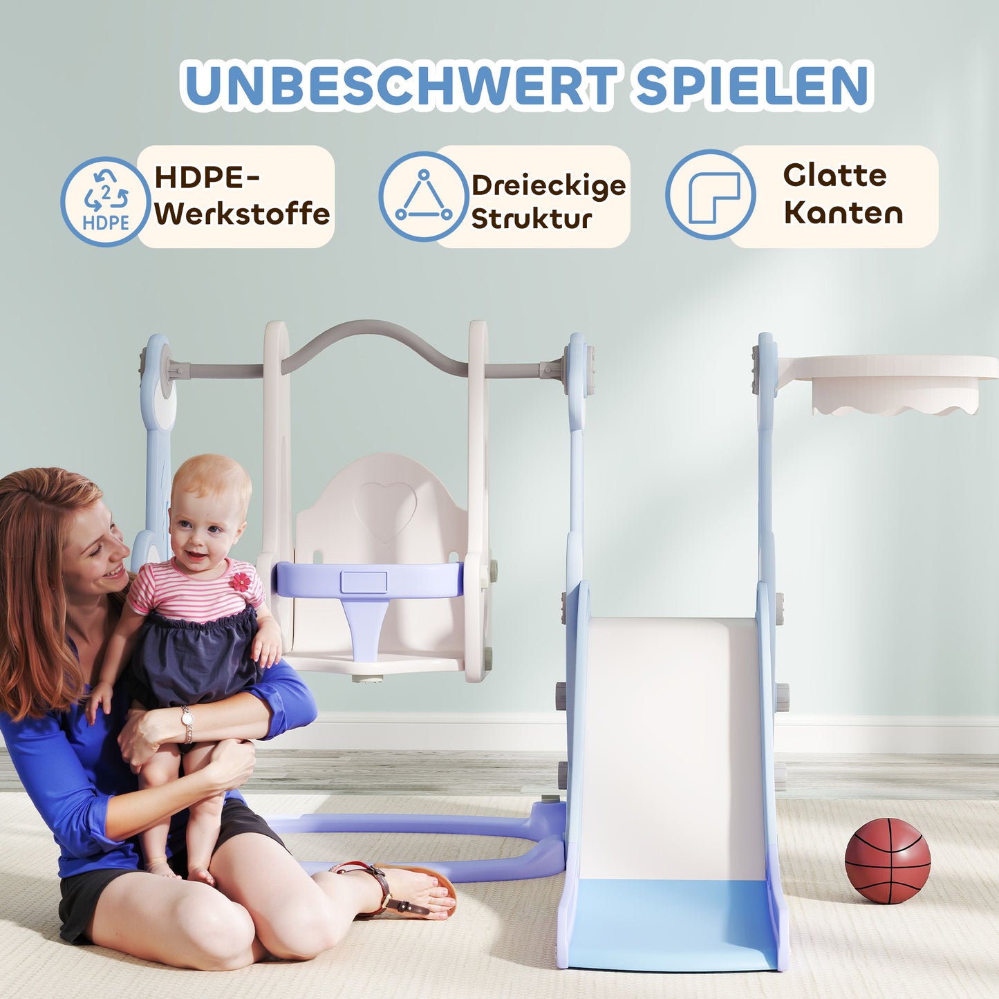 AIYAPLAY 4-in-1 Indoor-Spielplatz, Rutsch- und Schaukelset für Kleinkinder, Basketballkorb, Raketendesign, Kunststoff, Hellblau