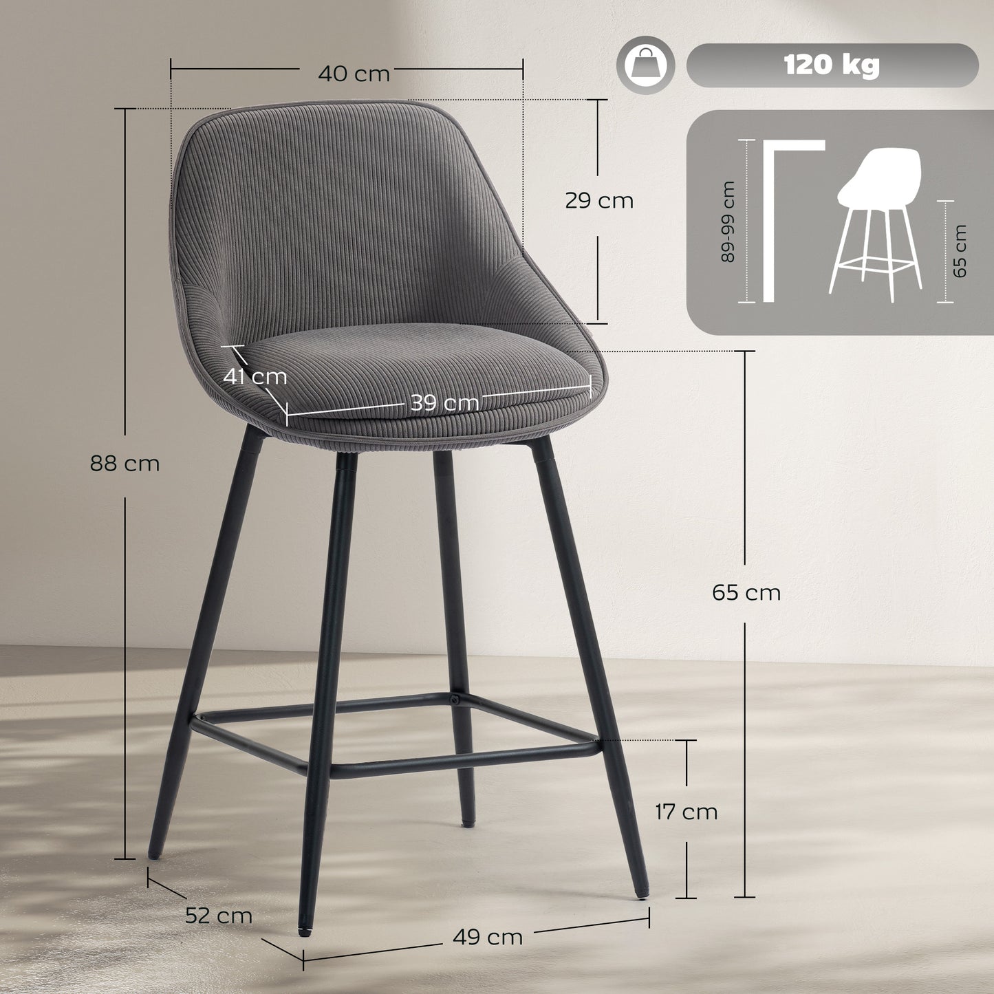 HOMCOM 2er-Set Barstühle mit Cordbezug und Stahlbeinen, Polsterstühle für Kücheninsel, Esszimmer, Grau