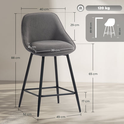 HOMCOM 2er-Set Barstühle mit Cordbezug und Stahlbeinen, Polsterstühle für Kücheninsel, Esszimmer, Grau