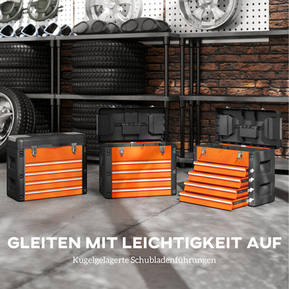 HOMCOM Werkzeugkiste leer, 49,7 x 25,3 x 40,7 cm Werkzeugkasten mit 4 Schubladen, Mini-Box Stahl Orange