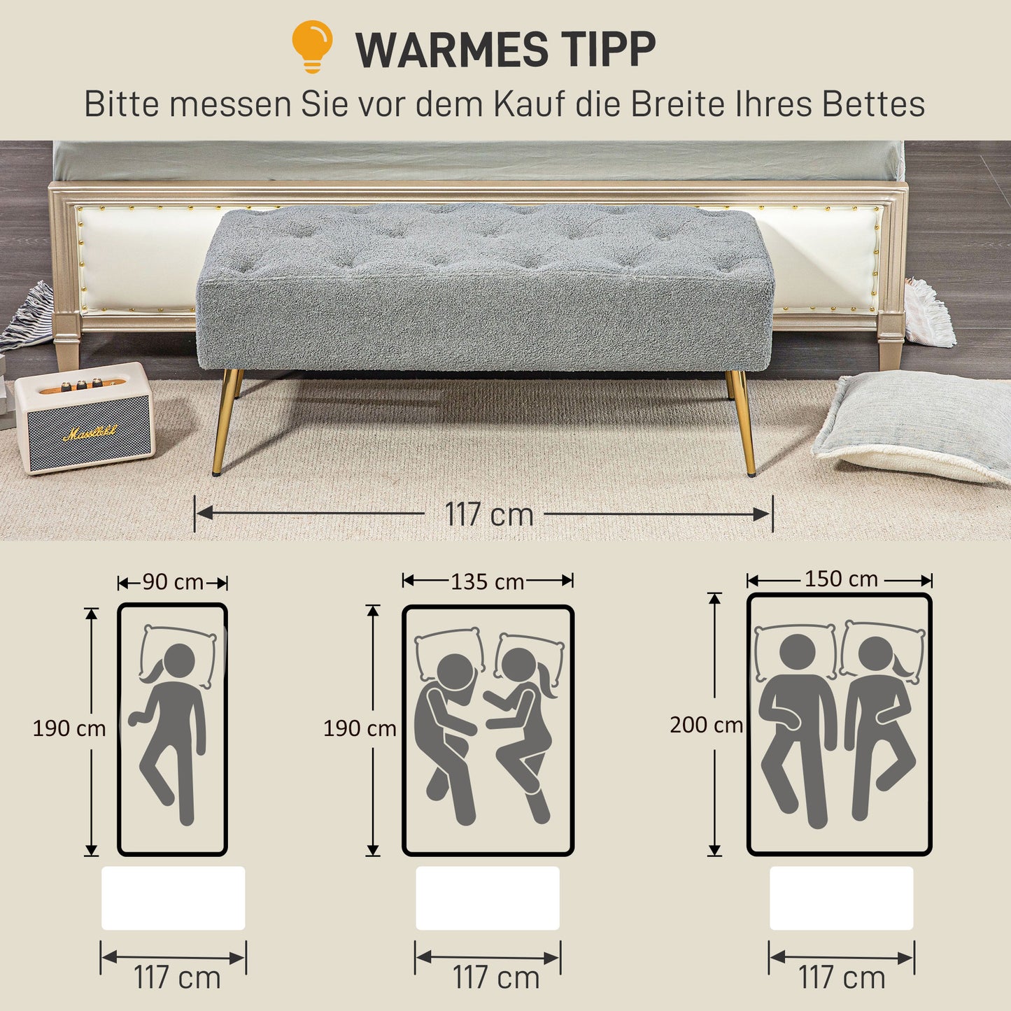 HOMCOM Bettbank, Sitzbank, weicher Bezug in Lammwoll-Optik, bis 120 kg, vergoldete Stahlbeine, 112x41x46cm, Grau