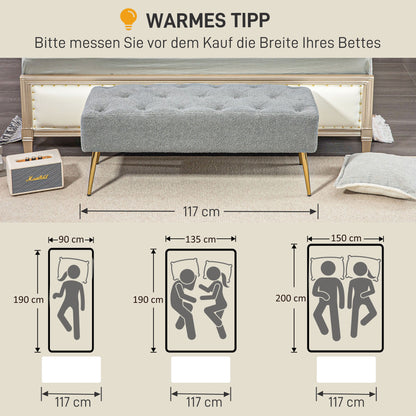 HOMCOM Bettbank, Sitzbank, weicher Bezug in Lammwoll-Optik, bis 120 kg, vergoldete Stahlbeine, 112x41x46cm, Grau