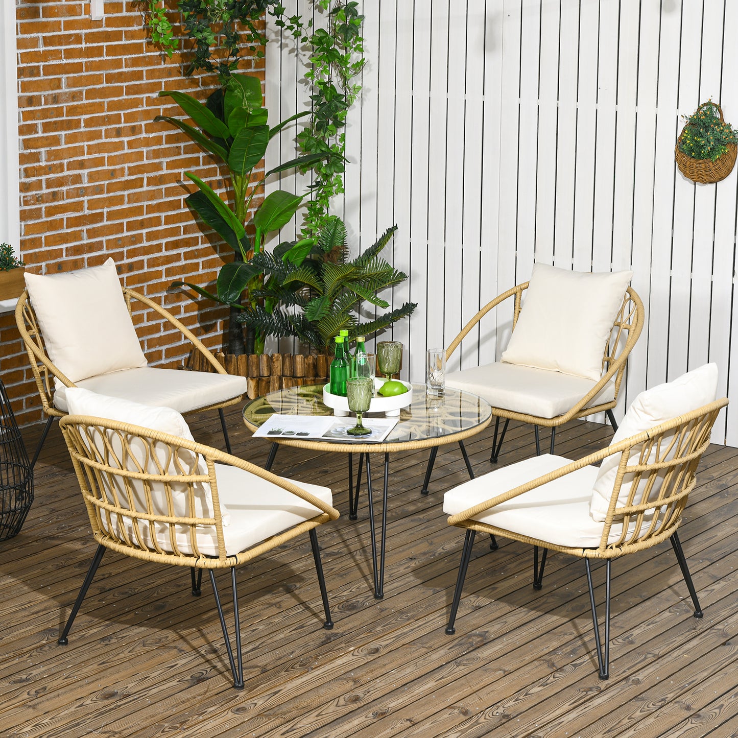 Outsunny 5-teilige Gartensitzgruppe, Boho-Stil, 1 Esstisch & 4 Stühle, Auflagen, Polyrattan, Beige/Natur