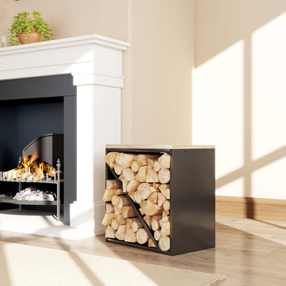 Outsunny 2-in-1 Kaminholzregal für innen 58 x 36 x 60cm erhöhtes Brennholzregal mit Trenner Metall Schwarz