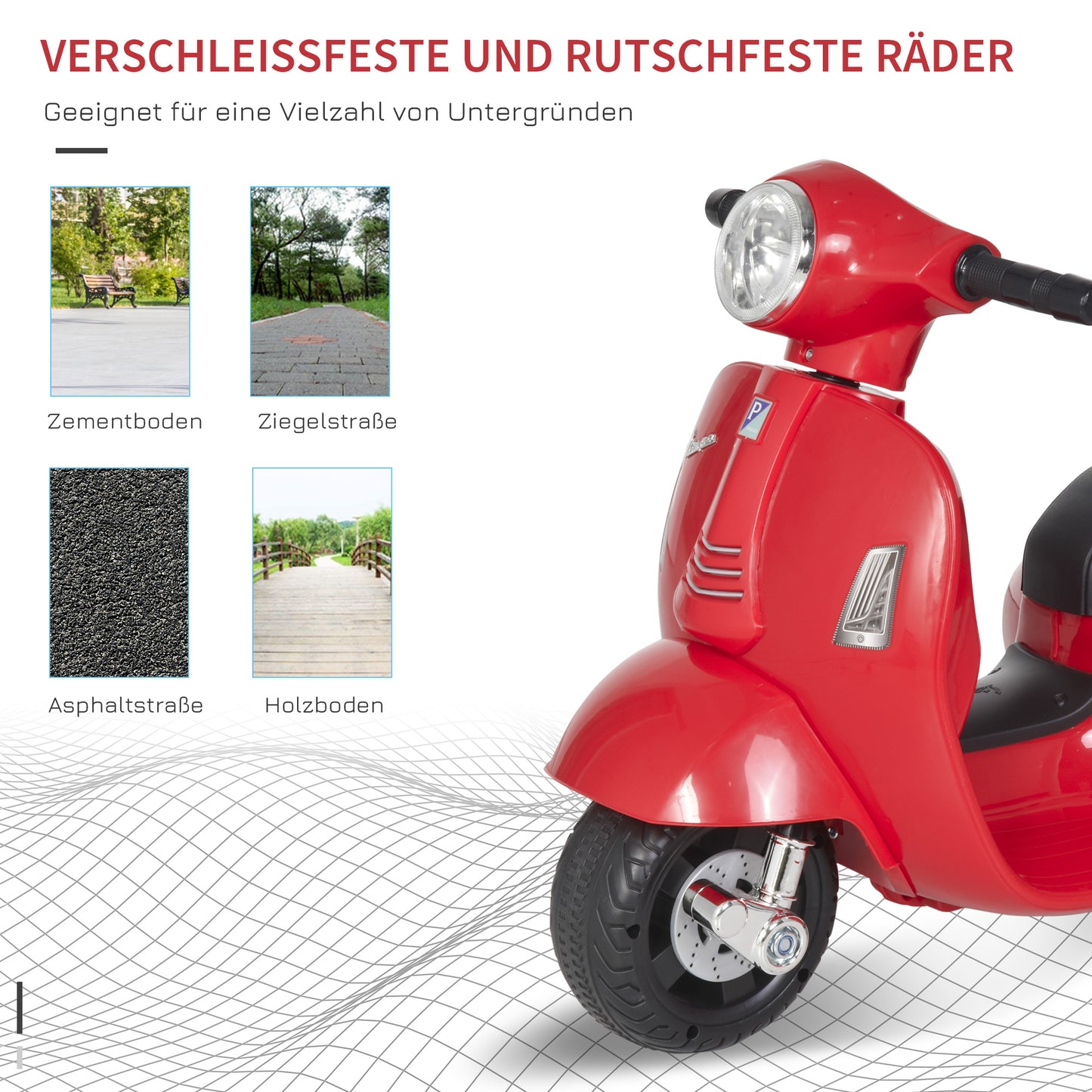 HOMCOM Elektro Kindermotorrad Vespa Elektromotorrad mit LED-Licht, Sound, Kinder Elektro Motorrad für Kinder von 18-36 Monate Rot