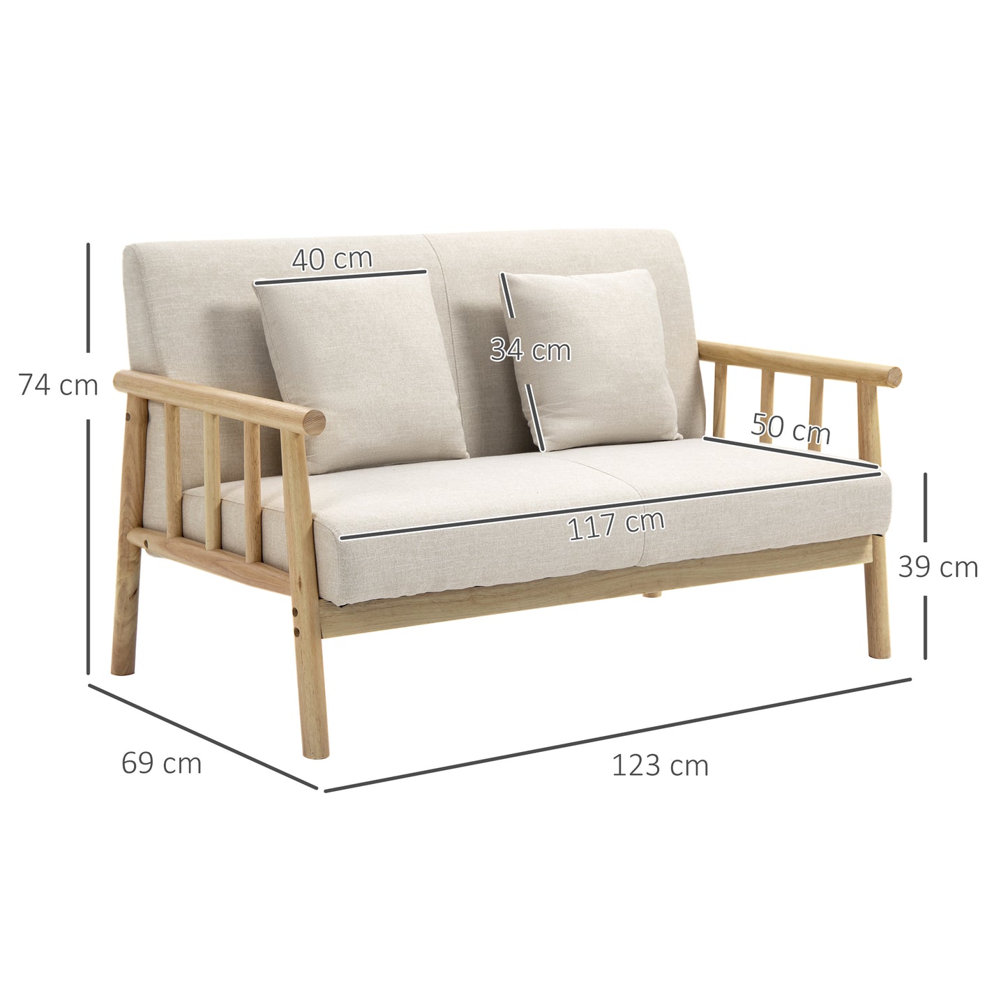 HOMCOM 2-Sitzer Sofa, Stoffbezug in Leinenoptik, kompakt, bis 200 kg, Holzrahmen, 123L x 69B x 74H cm, Beige