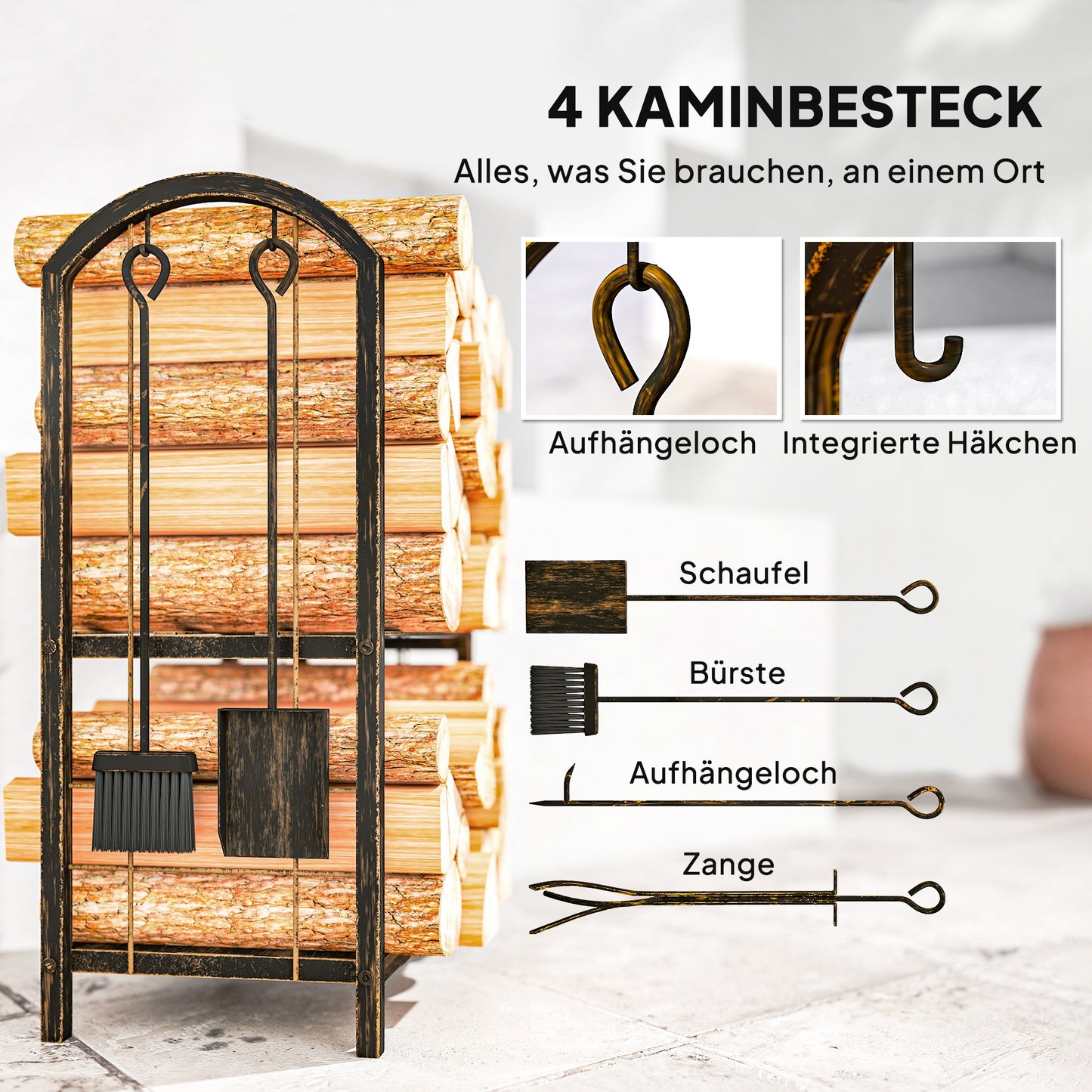 Outsunny Kaminholzregal för inomhus 43 x 30 x 74cm 2 Ebenen Brennholzregal mit 4 Kaminwerkzeug, Haken