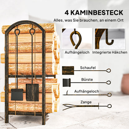 Outsunny Kaminholzregal för inomhus 43 x 30 x 74cm 2 Ebenen Brennholzregal mit 4 Kaminwerkzeug, Haken
