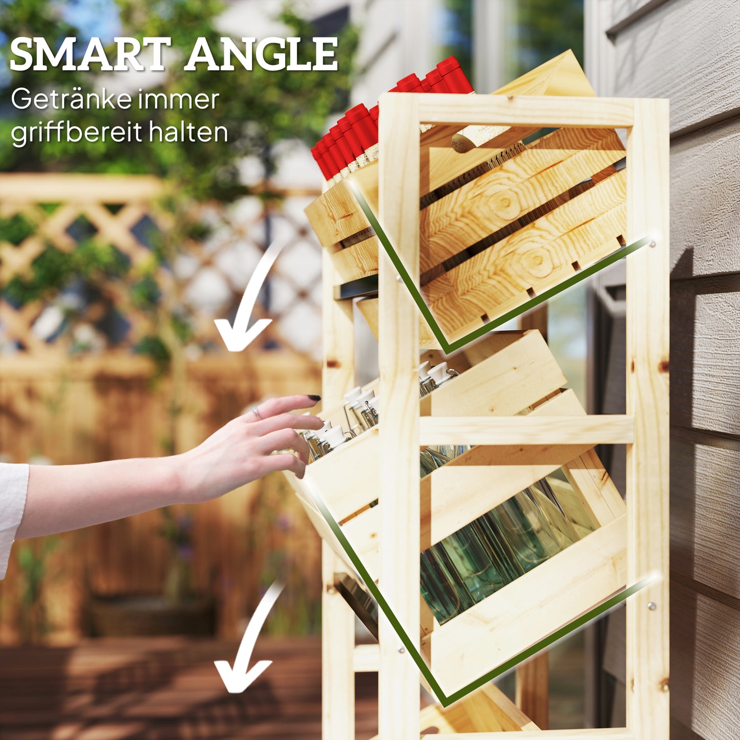 Outsunny Getränkekistenregal für 3 Getränkekisten Getränkeregal Holz Kistenregal mit 3 Ebenen 56 x 32 x 112 cm Naturholz