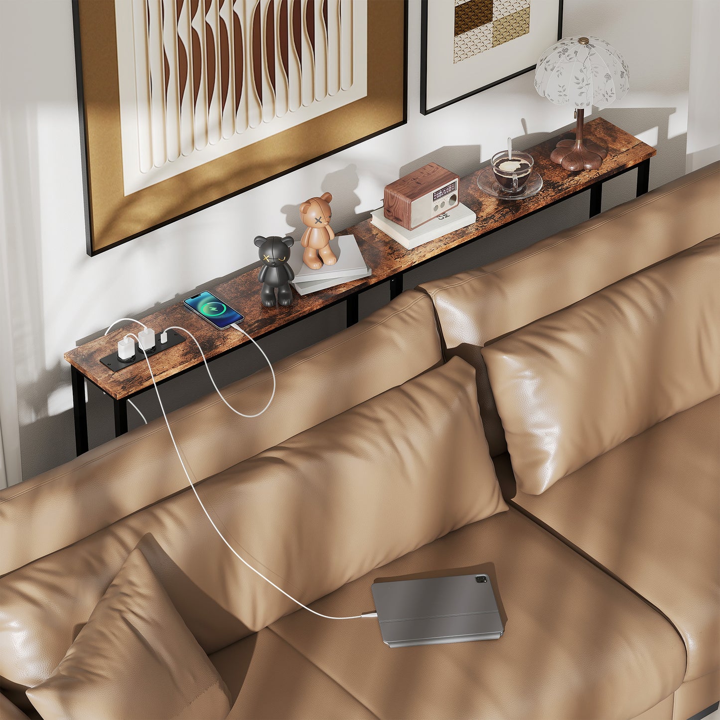 HOMCOM Schlanker Konsolentisch mit Ladestation, Industriestil, Stahlrahmen, Braun