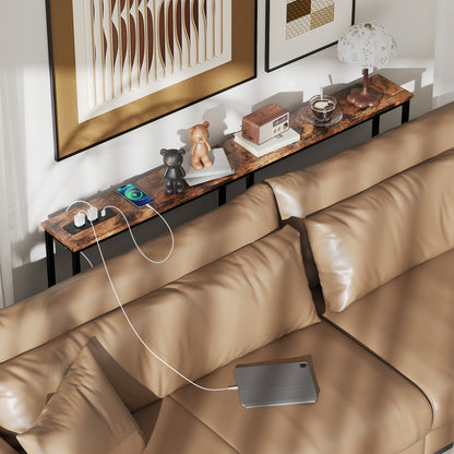 HOMCOM Schlanker Konsolentisch mit Ladestation, Industriestil, Stahlrahmen, Braun