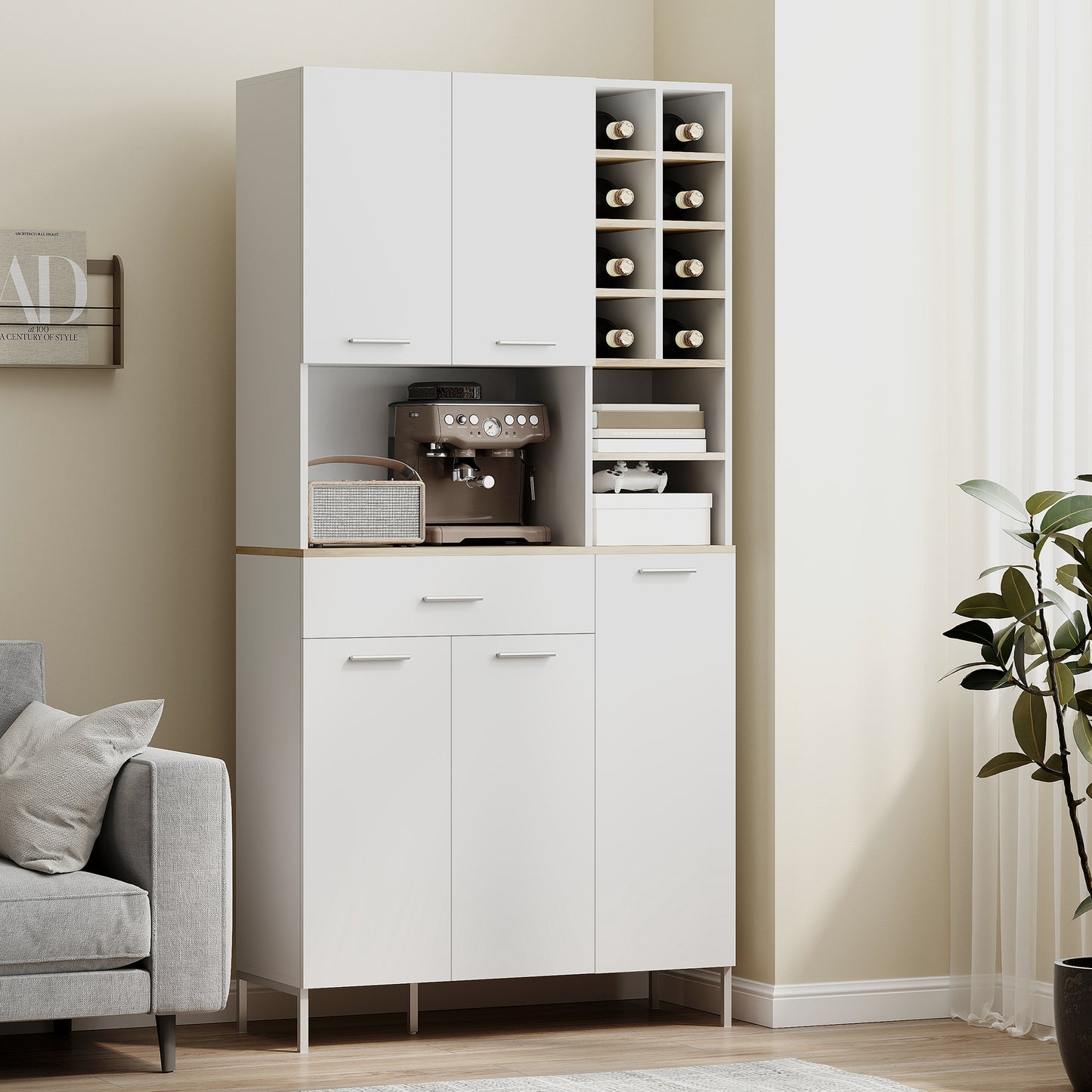 HOMCOM Küchenschrank mit offenen Regalen, Fächern, Weinregal, Vorratsschrank mit 5 Schranktüren, MDF, Weiß