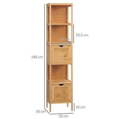 kleankin Badezimmerschrank, 3 Regale, 2 Schubladen, Bambus, 30 cm x 30 cm x 140 cm, Natur