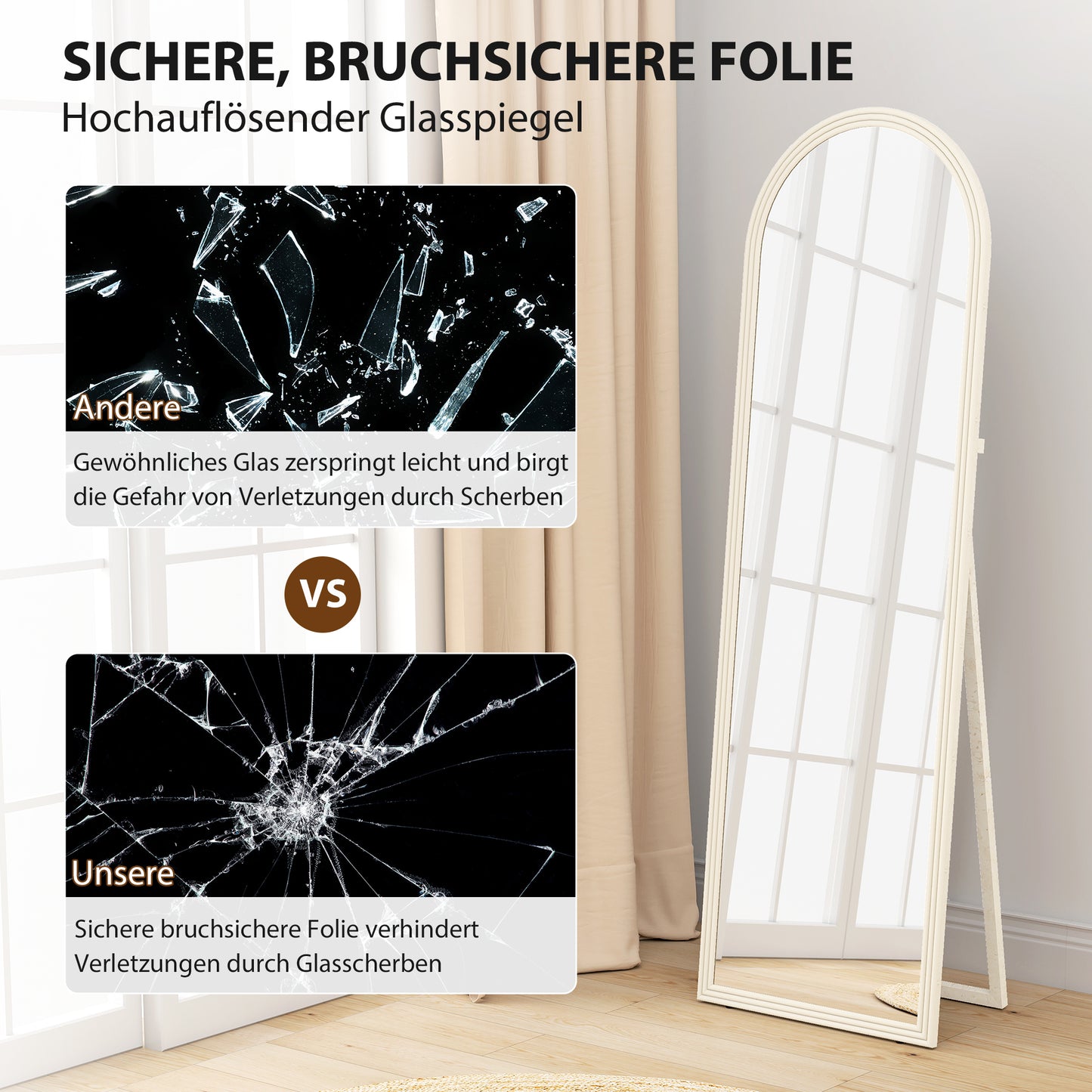 HOMCOM Ganzkörperspiegel, 50 x 160 cm, freistehend, Wandmontage, Bogenrahmen, Weiß