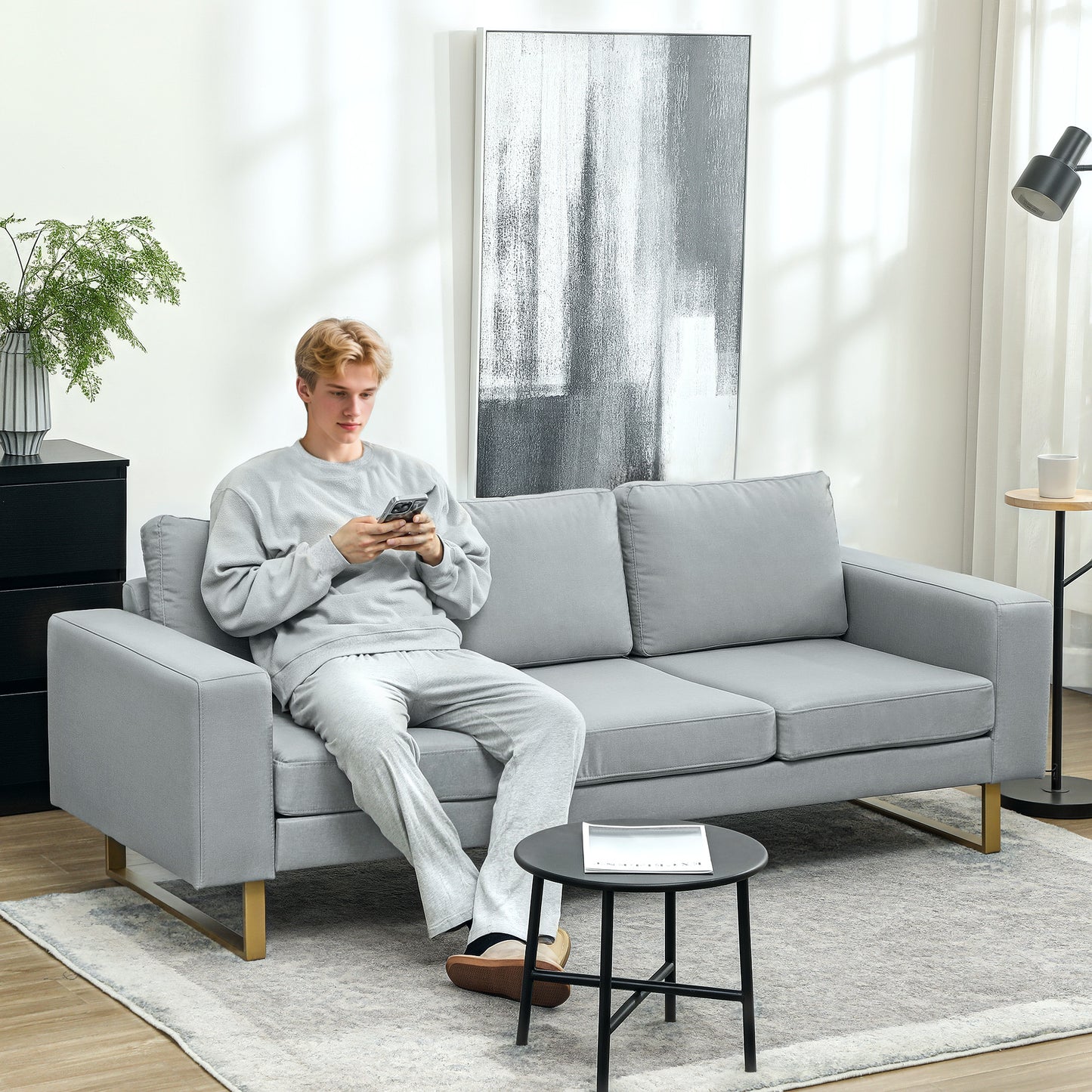 HOMCOM 3-Sitzer-Sofa, Couch mit Vollholzrahmen, Metallbeine, schlichtes Design, Hellgrau