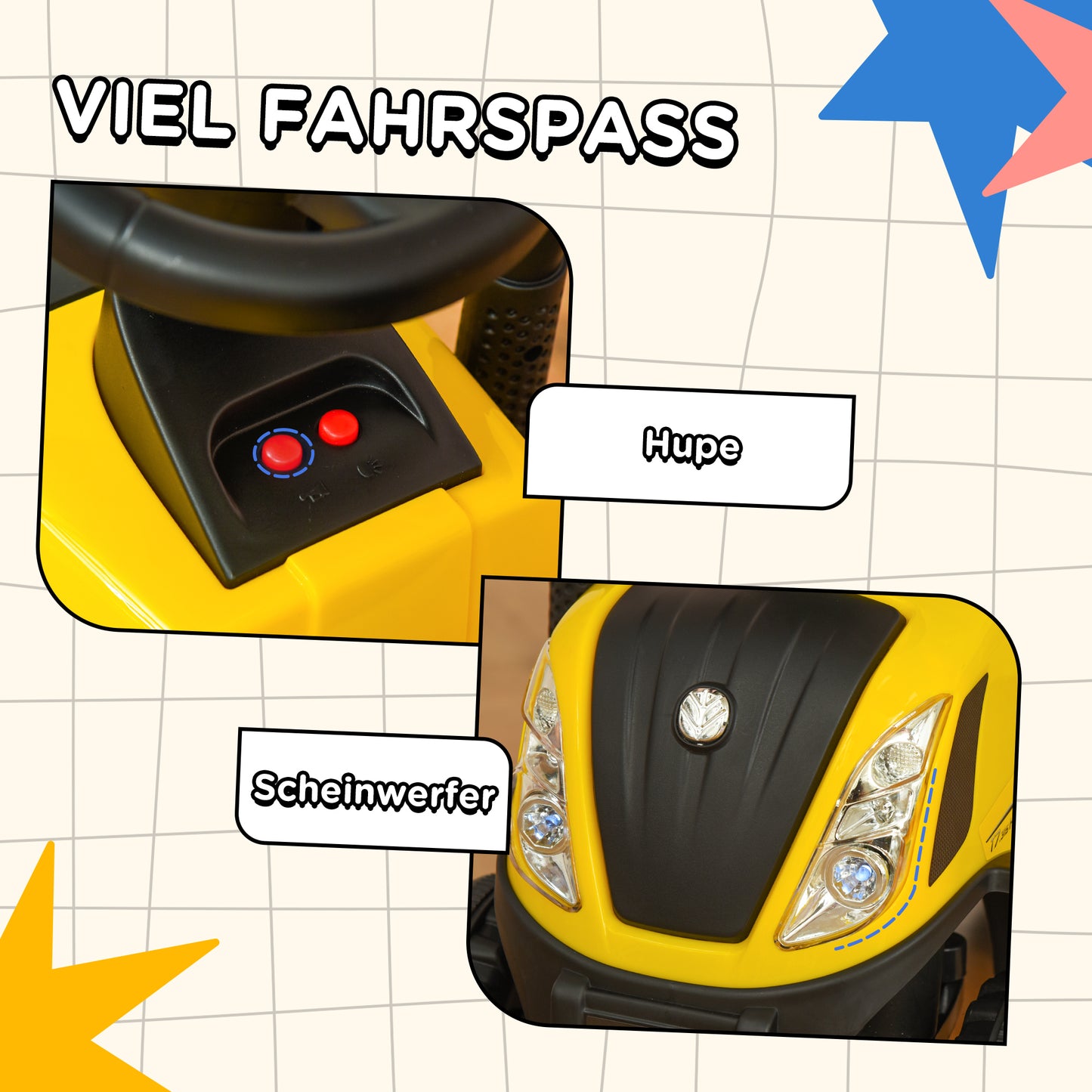 HOMCOM Rutsch-Traktor mit Anhänger, Hupe, Sandspielzeug, ab 1 Jahr, Kunststoff+Metall, gelb, 91 x 29 x 44cm