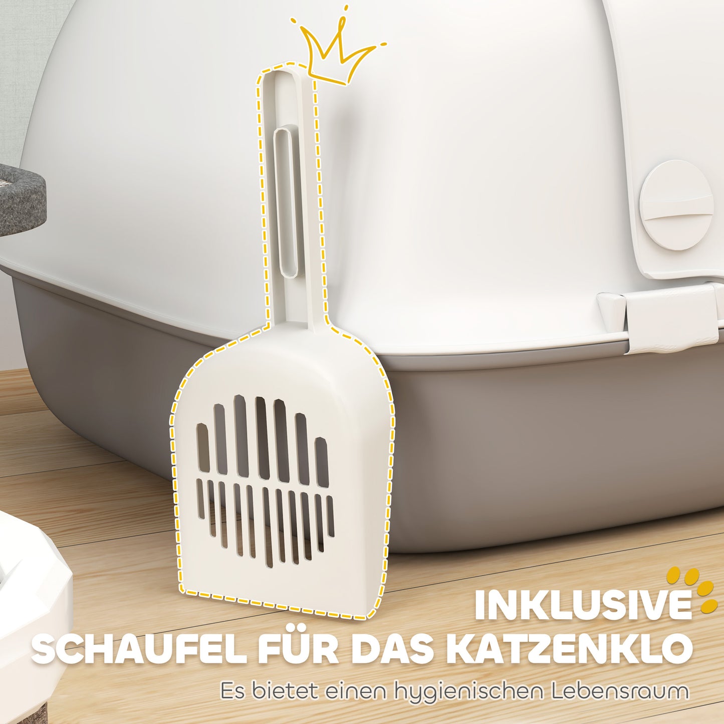 PawHut Katzentoilette mit Deckel, Katzenklo mit internem Kanal, Tür, Schaufel, leicht zu reinigen, Kunststoff, Hellgrau