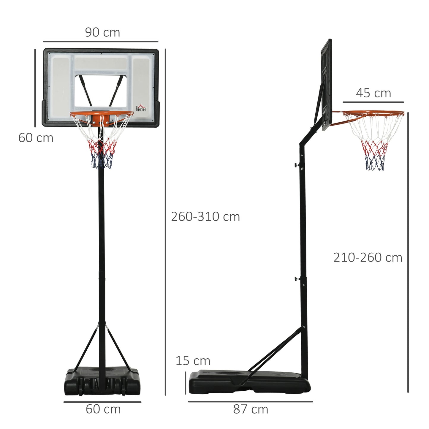 HOMCOM Basketballständer mit Rädern rollbar 210-260 cm höhenverstellbar Basketballkorb mit Ständer geeignet für den Außen- und Innenbereich Stahl Kunststoff Schwarz