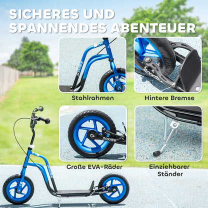 AIYAPLAY Kinderroller mit verstellbarem Lenker, große Räder, Parkständer, Handbremse, für Kinder im Alter von 5-12 Jahren, Blau