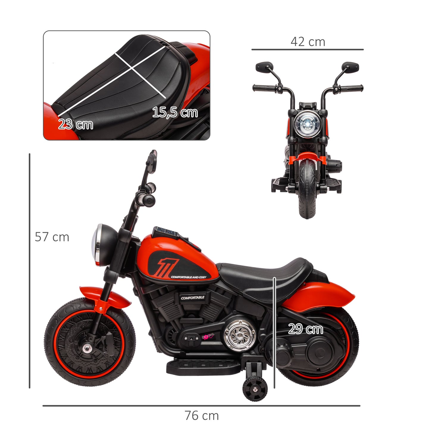 HOMCOM Elektro-Kindermotorrad mit Scheinwerfer, abnehmbare Stützräder, 76x42x57 cm, Rot/Schwarz