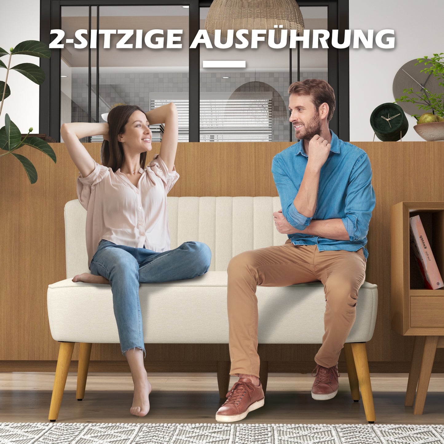 HOMCOM 2-Sitzer Sofa, weiche Polsterung, pflegeleichter Bezug, bis 150 kg, 117 x 56,5 x 77 cm, Cremeweiß