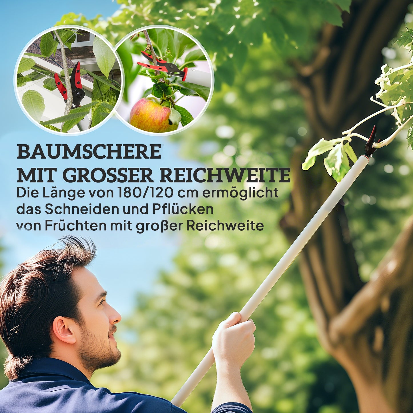 Outsunny 1,2 m Baumschere, Astscheren zum Schneiden, Gartenschneider mit Aluminiumgriff, Langstielige Gartenschere, Rot