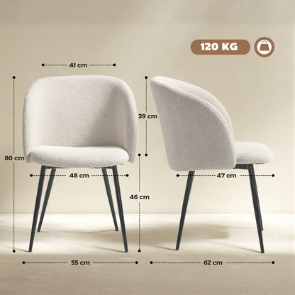 HOMCOM 2er-Set Esszimmerstühle, Polsterstühle mit Stoffbezug, Küchenstühle mit Stahlbeinen, gewölbte Rückenlehne, Cremeweiß