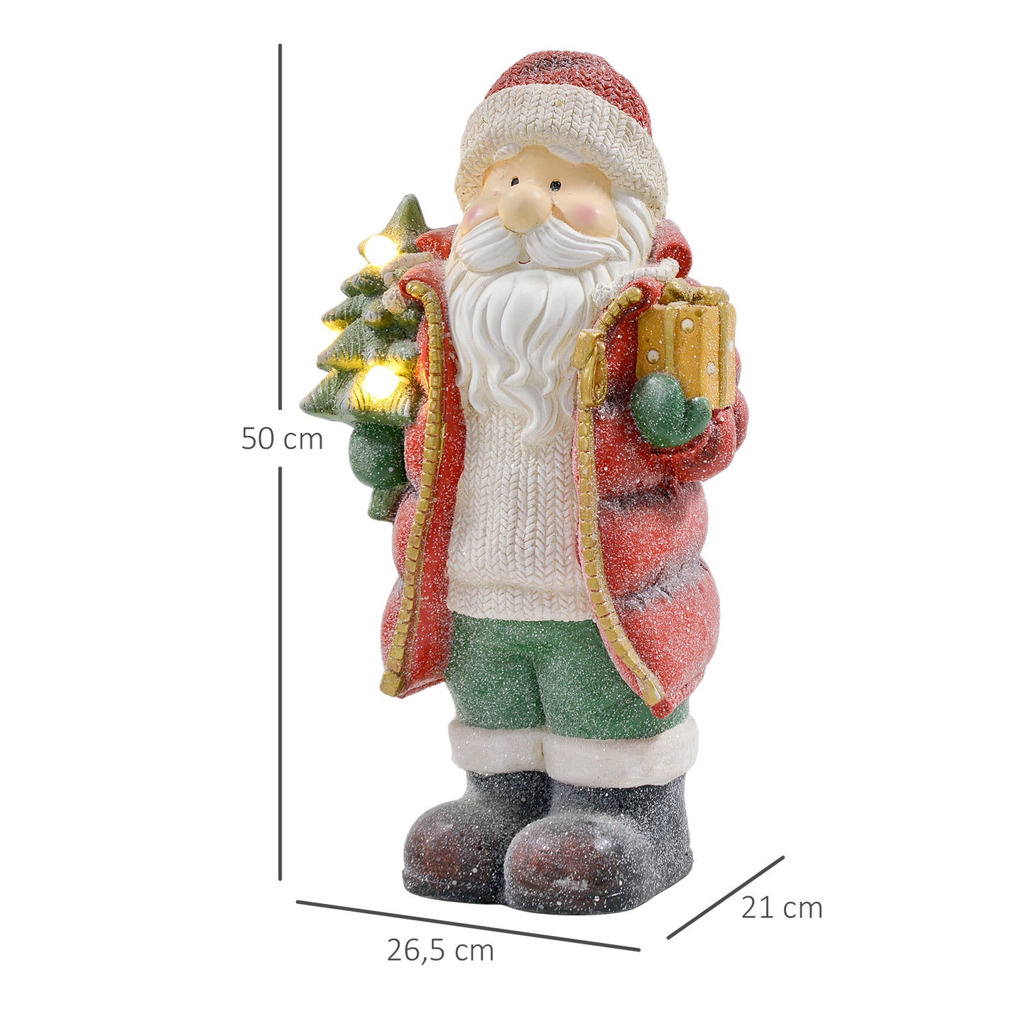 HOMCOM Weihnachtsmannfigur mit Baum und Geschenk, 3 warmweiße LEDs, batteriebetrieben, 50 cm